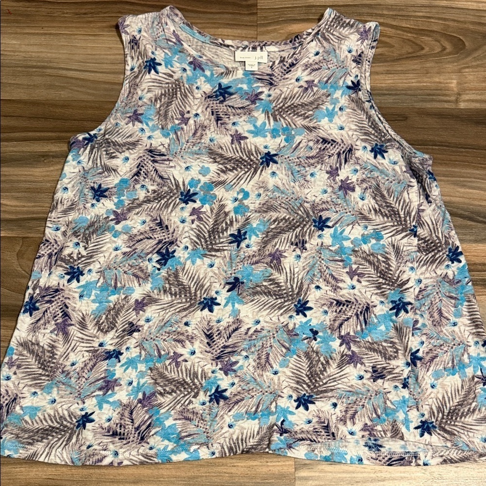 J. Jill Love Linen Women’s Sz. S Sleeveless Floral Leaves Blue Gray Top Boho